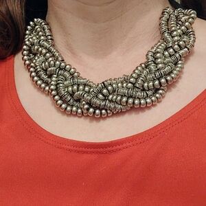 Artistic Silver Beaded Choker Statement Necklace: No Brand